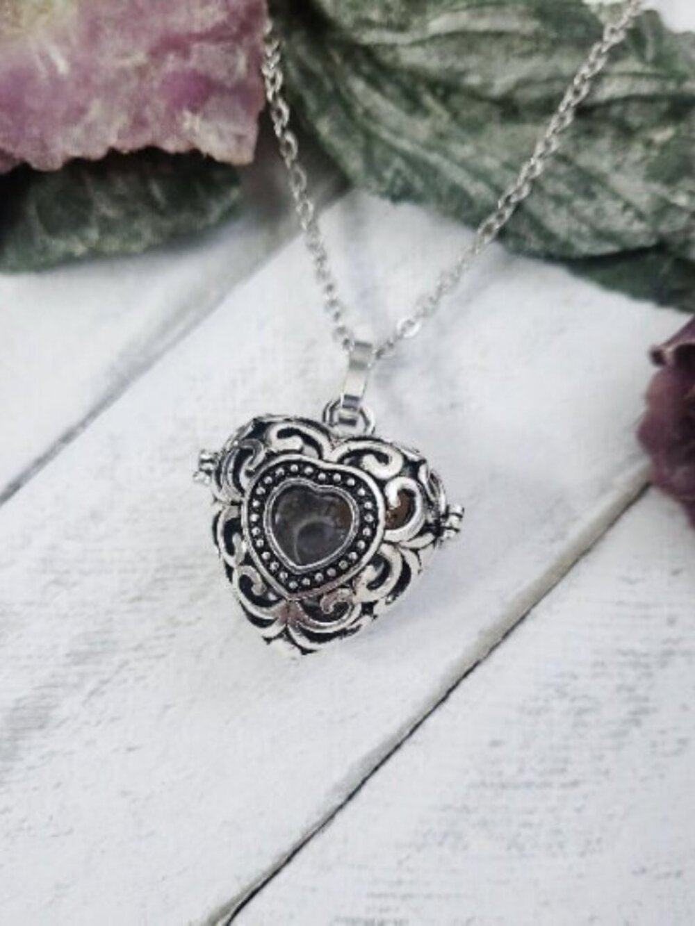 Filigree Heart Locket Necklace Glass Orb Pendant